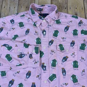 Ralph Lauren All Over Print Collegiate Bear Button Down Shirt Mens Large